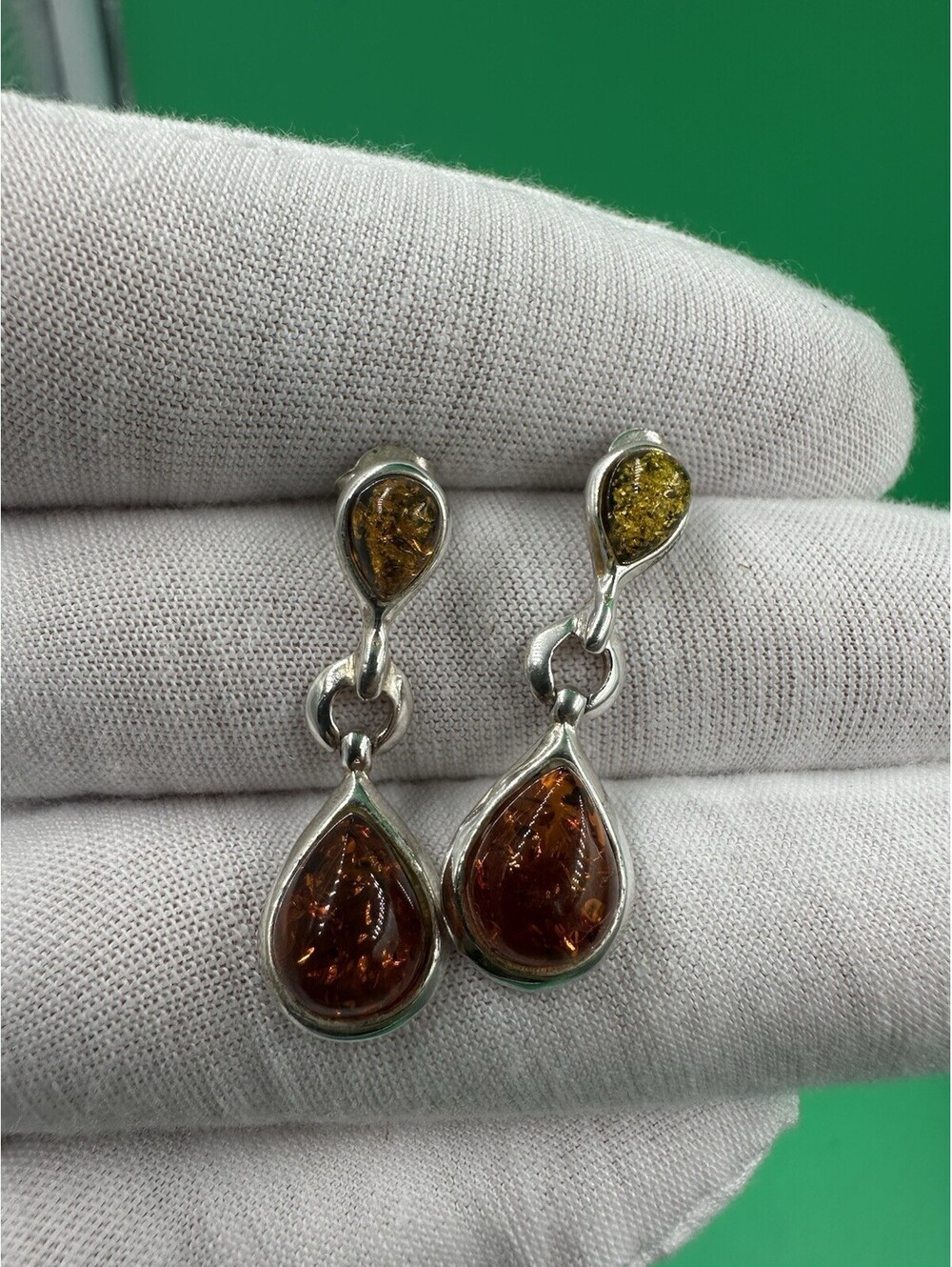 Vintage 925 Sterling Silver Amber Multicolor Bezel Dangle Hook Earrings